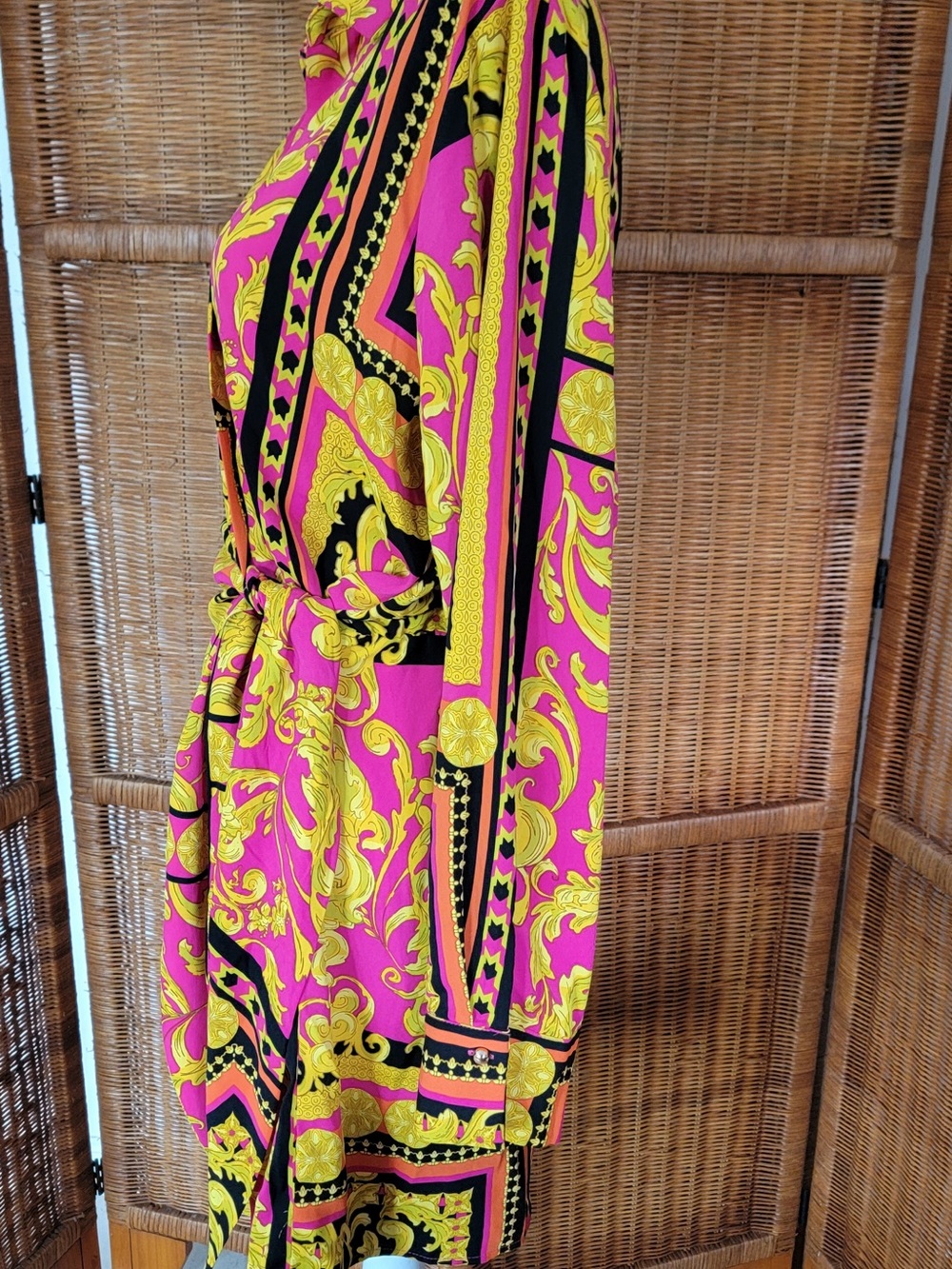 EUC Long Sleeve Pink & Gold Print Tie-Waist Dress - Picture 7 of 13